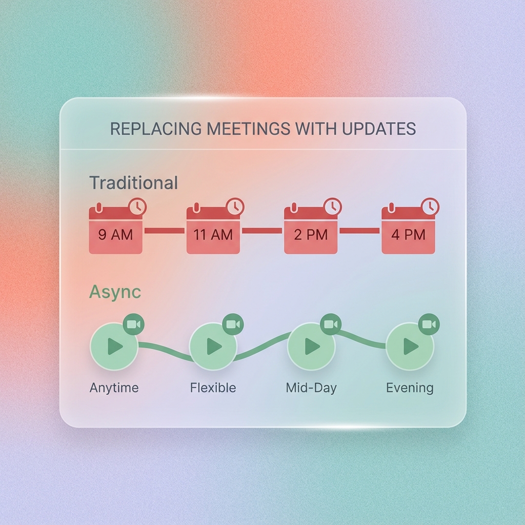 Visualization of replacing sync meetings with async updates in a glassmorphism style