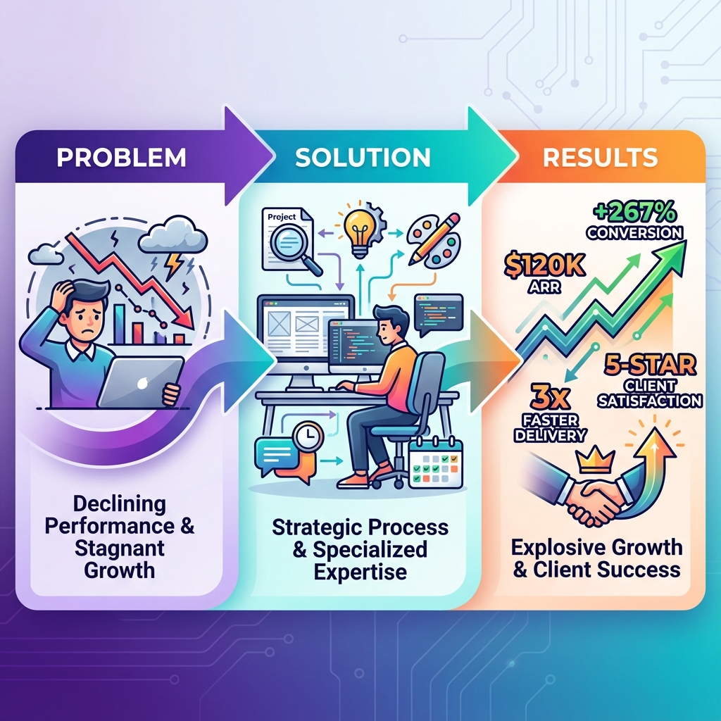 Freelance portfolio case study framework showing problem, solution, results
