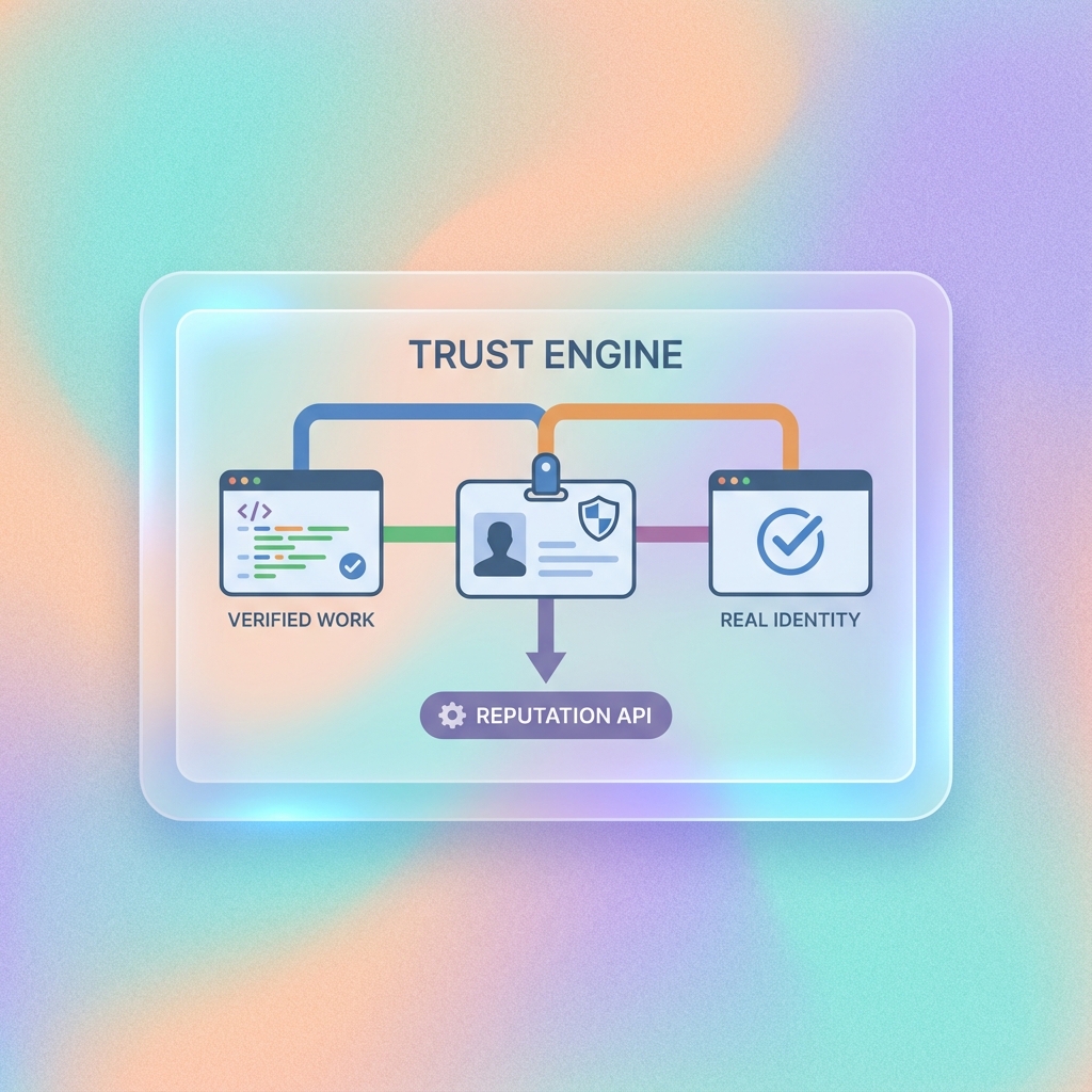 Diagram of the Trust Engine connecting verified work and identity in a glassmorphism style