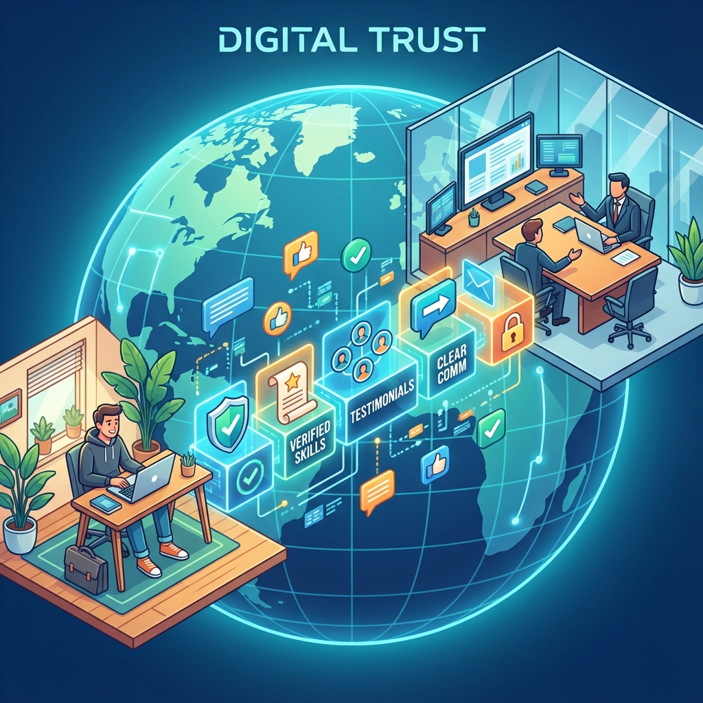 CONCEPT: Digital Trust Bridge - Visualizing the connection between a remote freelancer and a corporate client via trust signals