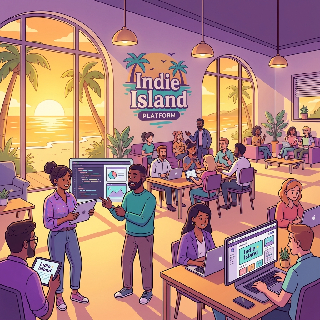 Digital nomads and freelancers collaborating on Indie Island platform