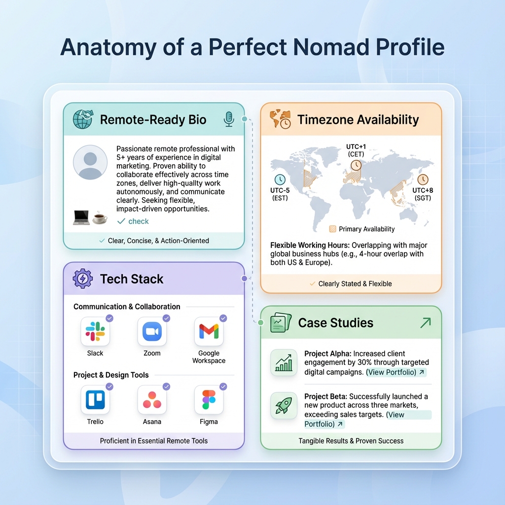 CHECKLIST: Anatomy of a Perfect Nomad Profile - A visual checklist showing sections for Bio, Tech Stack, Timezone, and Case Studies