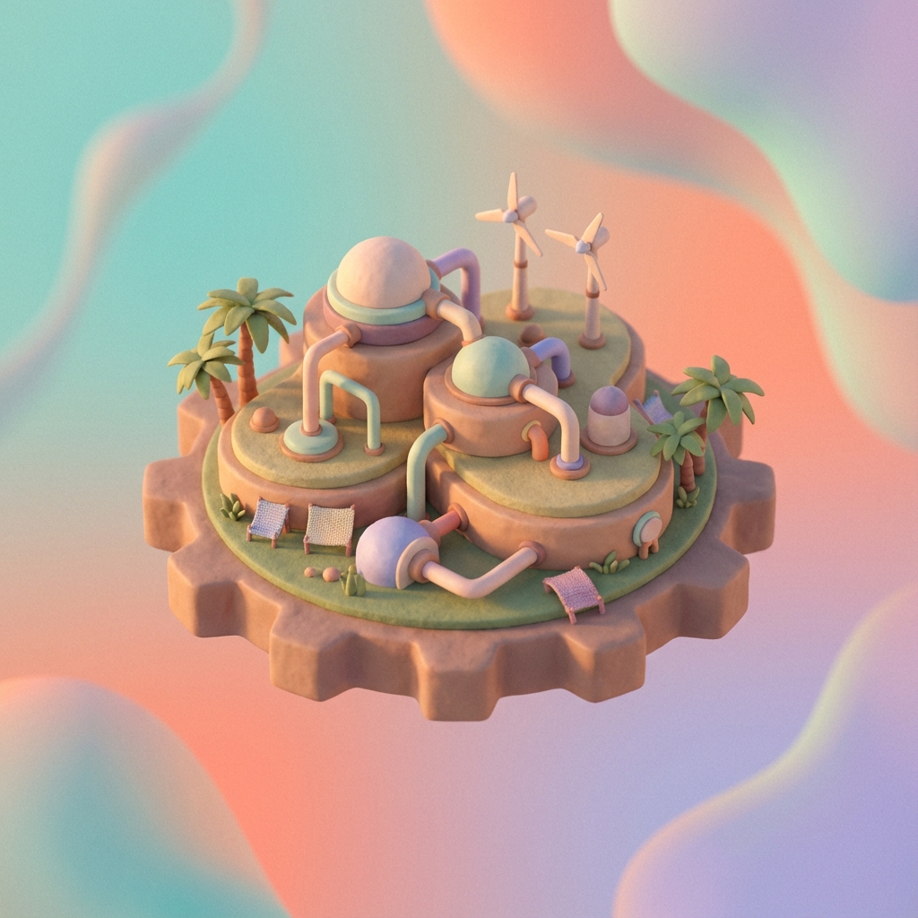 An autonomous 3D island representing the Business Automation Blueprint, showcasing a self-sustaining company that runs itself efficiently.