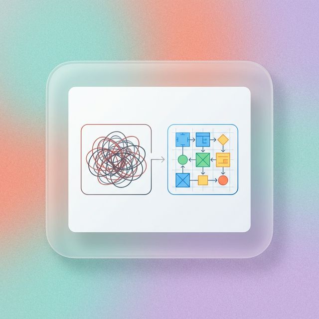 2D flat visualization of a structured AI prompt template vs a messy single sentence, wrapped in a rounded Apple-style glassmorphism box